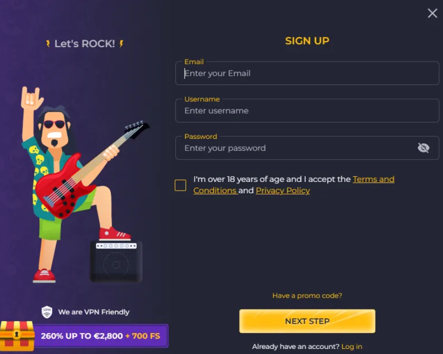Rolling Slots Casino Sign Up Form and Welcome Bonus Offer