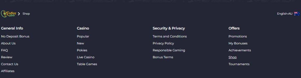 Rolling Slots Casino Footer with Licence and Operator Details