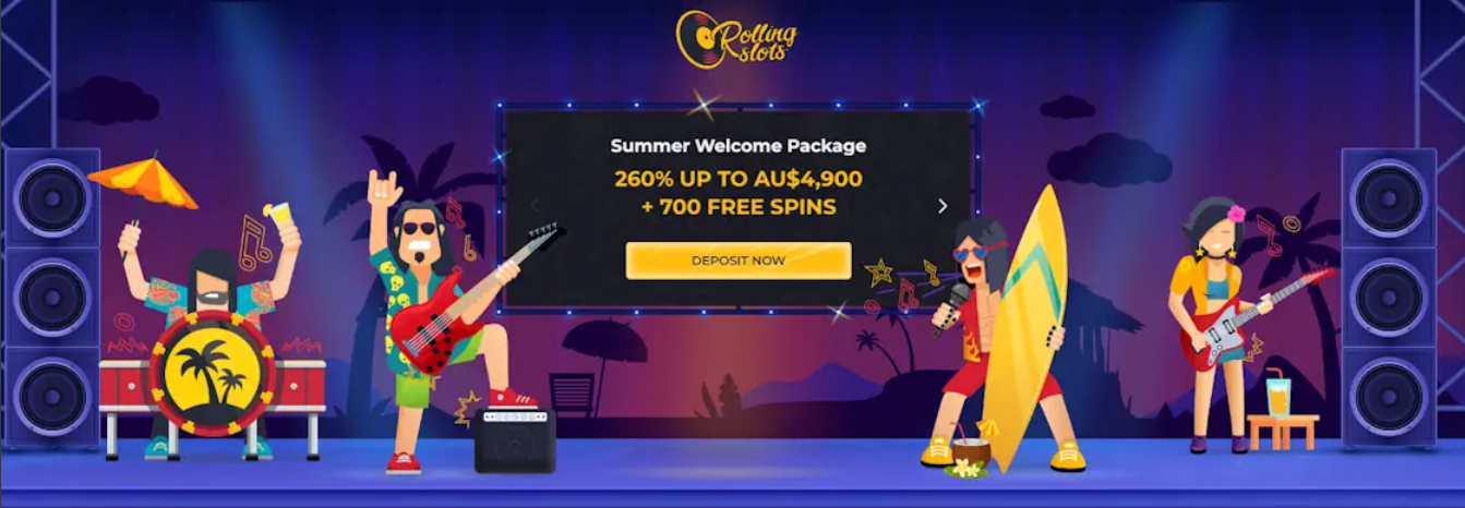 Rolling Slots Casino Welcome Package 260% Bonus for Australians