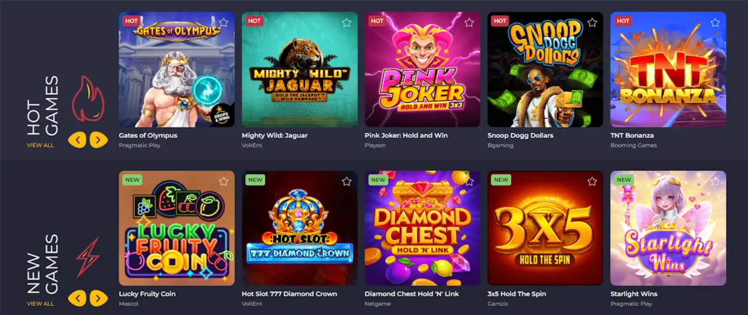 Rolling Slots Casino Game Lobby with Hot and New Pokies